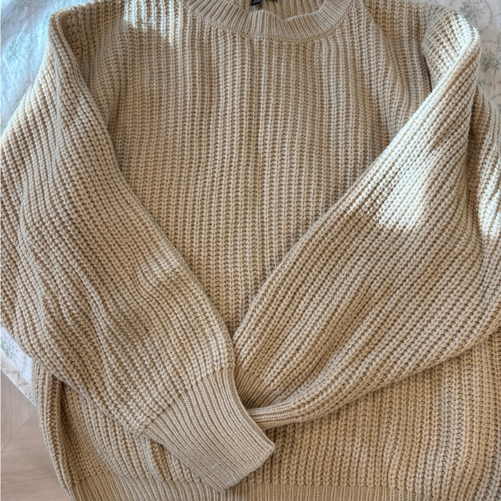 Fashion Nova Women's Waffle-Knit Crewneck Sweater in Beige